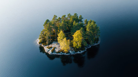 A tranquil island with lush greenery surrounded by calm waters. This serene landscape captures the essence of nature and solitude, perfect for relaxation.の素材