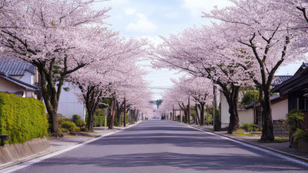 A beautiful avenue lined with blooming cherry blossom trees, creating a serene and picturesque scene in spring. Ideal for nature and travel themes.の素材