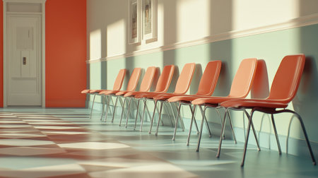 A bright and modern waiting area featuring orange chairs against a turquoise wall, creating a tranquil and inviting atmosphere. Ideal for clinics and offices.の素材
