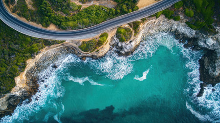 Stunning aerial view showcasing a winding coastal road alongside vibrant turquoise waters and rocky shores, perfect for nature and travel enthusiasts.の素材