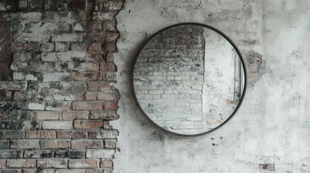 A circular mirror mounted against a weathered brick wall, showcasing rustic charm and texture. Ideal for interior design and artistic projects.の素材