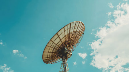 A detailed view of a satellite dish against a clear blue sky, showcasing modern communication technology. Ideal for themes of engineering and broadcast infrastructure.の素材