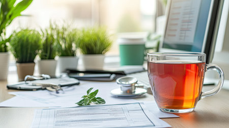 A cozy workspace featuring a glass of tea, green plants, and documents, perfect for inspiring productivity and relaxation in a serene environment.の素材