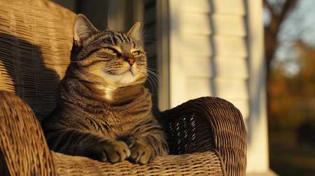 A serene tabby cat relaxes on a cozy porch chair, basking in warm sunlight. The inviting atmosphere captures a peaceful moment of leisure and comfort.の素材