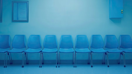 A serene image of a blue waiting room featuring empty chairs against a calming blue background. Ideal for healthcare, modern interior, or design themes.の素材