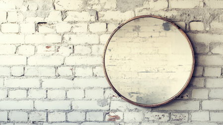A round mirror hangs against a vintage brick wall, showcasing a perfect blend of rustic charm and modern simplicity. Ideal for home decor projects.の素材