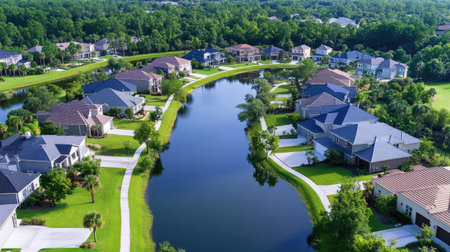 Aerial view of a peaceful suburban neighborhood featuring homes along a winding waterway. Lush greenery and trees enhance the tranquil environment.の素材