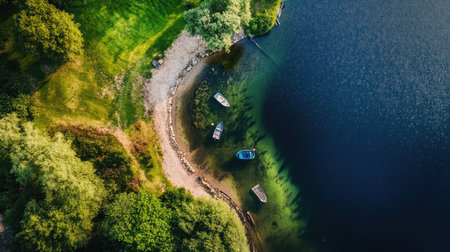 A stunning aerial view showcasing a serene lakeside with boats gently moored along the shore, surrounded by lush greenery and tranquil water. Perfect for nature lovers.の素材