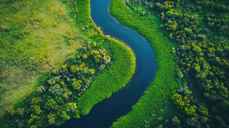 This serene aerial view showcases a winding river surrounded by lush greenery, creating a tranquil scene of nature's beauty. Perfect for environmental themes.の素材
