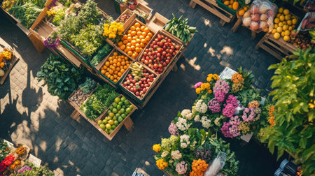 A vibrant market scene showcasing an array of fresh fruits and flowers, capturing the essence of local produce and community spirit in a colorful display.の素材