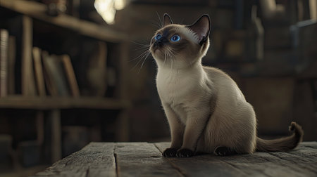 A curious cat gazes upward in a cozy indoor setting. The feline's striking blue eyes and soft fur create an adorable and tranquil atmosphere, perfect for animal lovers.の素材