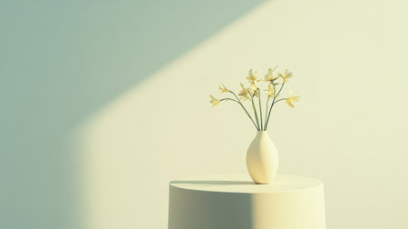 A simple and elegant vase holding delicate flowers on a minimalist tabletop. The soft light creates a serene atmosphere, perfect for modern decor.の素材