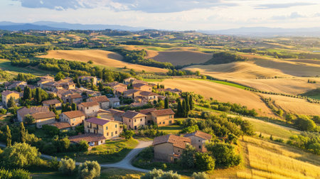 A stunning aerial view of a picturesque Italian countryside, showcasing a small village surrounded by golden fields and rolling hills under a vibrant sunset sky.の素材