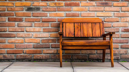 A rustic wooden chair set against a textured brick wall, creating a cozy and inviting atmosphere perfect for home or outdoor settings. Ideal for design projects.の素材