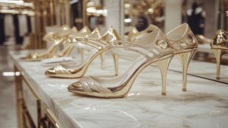 Shiny gold high heels elegantly displayed in a boutique setting. These stylish shoes highlight luxury and sophistication, making them a perfect choice for special occasions.の素材