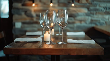A beautifully arranged dining table in a cozy restaurant. Featuring sparkling glasses, a lit candle, and a warm, inviting atmosphere perfect for dining.の素材