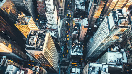 A stunning aerial view captures the bustling urban landscape, showcasing tall buildings and busy streets filled with traffic in a lively metropolitan area.の素材