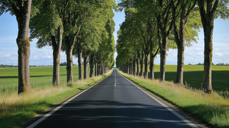A peaceful tree-lined country road stretching into the distance, framed by lush green foliage under a bright blue sky. Perfect for travel and nature themes.の素材