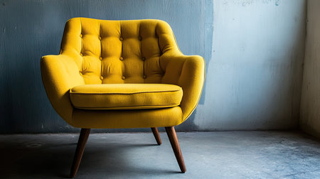 A bright yellow armchair in a minimalist setting, showcasing modern design and stylish comfort. Perfect for adding a pop of color to any room.の素材