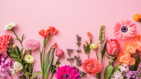 A stunning array of vibrant flowers arranged on a soft pink background, perfect for capturing the essence of spring and celebration in floral designs.の素材