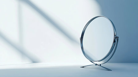 A sleek chrome mirror stands upright in a minimalist interior, casting beautiful reflections under natural light, creating a calm and elegant atmosphere.の素材