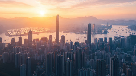 Experience a breathtaking view of the Hong Kong skyline at sunrise. The tranquil waters reflect the city's modern architecture, creating a stunning urban landscape.の素材