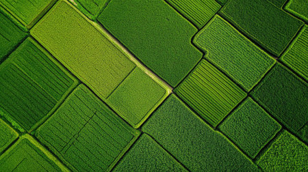 A stunning aerial perspective showcases vibrant green crop fields arranged in a patchwork pattern. Ideal for agricultural themes and nature-focused projects.の素材