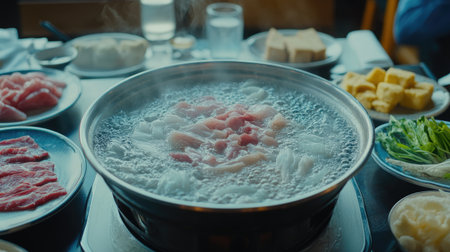 A steaming hot pot filled with fresh ingredients prepares for a delightful dining experience. Perfect for sharing and enjoying with friends or family.の素材