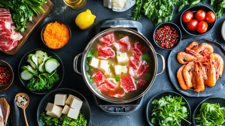 A vibrant assortment of ingredients featuring seafood, fresh vegetables, and flavorful broth, perfect for preparing a delicious hot pot meal. Enjoy cooking and sharing!の素材
