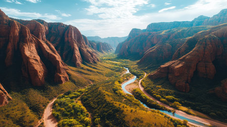 A stunning aerial view of a serene canyon landscape featuring a winding river surrounded by vibrant greenery and majestic rock formations under a bright sky.の素材