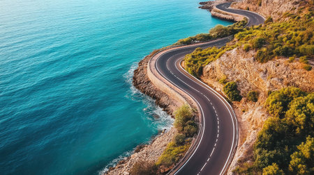 Enjoy a breathtaking view of a winding road hugging the coastline. The serene blue waters and lush greenery create an inviting atmosphere for travelers.の素材