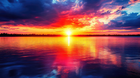 Experience a stunning sunset over calm waters, showcasing vibrant colors and serene reflections. This captivating scene highlights the beauty of nature.の素材