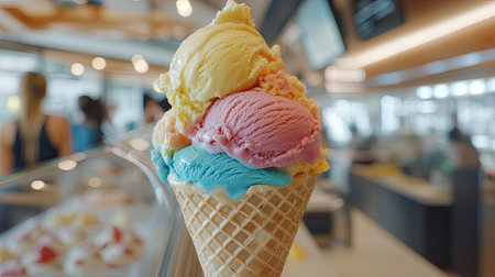 A vibrant ice cream cone featuring multiple flavors like pink, yellow, and blue. Perfect for capturing the joy of summer treats and indulgent moments.の素材