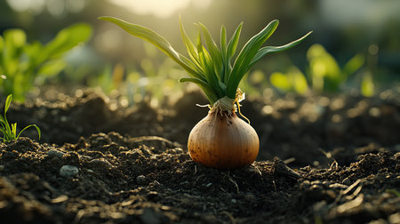 A fresh onion with vibrant green leaves emerges from the rich soil, symbolizing growth and vitality in a natural garden setting under warm sunlight.の素材