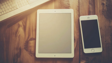 A top view of a tablet and smartphone resting on a wooden table. The devices feature blank screens, ideal for showcasing technology in a contemporary workspace.の素材