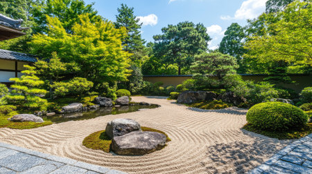 A tranquil Japanese Zen garden featuring intricate sand patterns, lush greenery, and serene rocks, perfect for relaxation and meditation in natureの素材