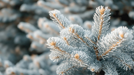 A close-up of a frosty evergreen branch showcasing the beauty of winter. The icy texture and soft morning light create a serene atmosphere. Perfect for seasonal themes.の素材