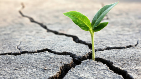 A small green plant emerges from cracked soil, symbolizing resilience and hope in challenging environments. A beautiful representation of nature's persistence.の素材