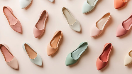 Explore a visually appealing collection of elegant flat shoes in various pastel colors. Perfect for stylish outfits and casual occasions, these shoes blend comfort and fashion beautifully.の素材
