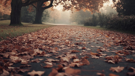A serene autumn scene showcasing a path covered with vibrant fallen leaves. The warm colors and soft light create a peaceful atmosphere perfect for nature lovers.の素材