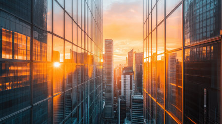 Stunning cityscape captured during sunset, showcasing glass buildings reflecting warm sunlight. A perfect urban scene that evokes tranquility and beauty.の素材