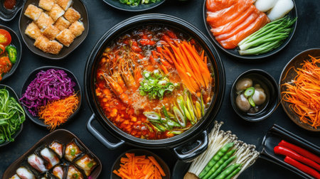 A vibrant spread of fresh ingredients for a hot pot dinner, featuring colorful vegetables, meats, and herbs, perfect for a joyous dining experience.の素材