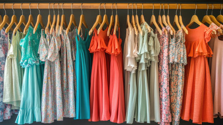 A vibrant array of colorful dresses displayed on wooden hangers in a stylish boutique. Perfect for fashion inspiration and retail design concepts.の素材