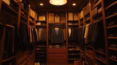 A well-organized closet showcasing an elegant wardrobe with suits and accessories. The wooden shelves and warm lighting create a sophisticated atmosphere.の素材
