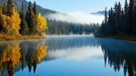 A tranquil lake showcases stunning reflections of colorful autumn trees and misty mountains, creating a peaceful natural landscape perfect for relaxation.の素材