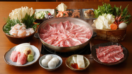 A vibrant Japanese hot pot spread featuring fresh meat, seafood, and vegetables, creating a warm and inviting dining experience perfect for gatherings.の素材