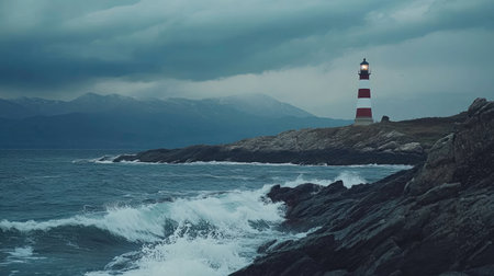 A serene lighthouse stands tall against a backdrop of dramatic clouds and choppy sea waves, surrounded by rocky shores and distant mountains, evoking a sense of adventure and tranquility.の素材