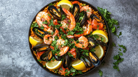 A vibrant seafood dish featuring shrimp, mussels, and fresh lemon. Perfect for gatherings, this colorful meal showcases rich flavors and healthy ingredients.の素材