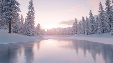 A peaceful winter landscape showcasing a tranquil lake surrounded by snowy trees under a soft sunrise. The serene atmosphere invites calm and reflection.の素材