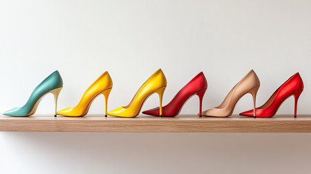 A stylish display of colorful high heels on a wooden shelf, showcasing modern design and elegance. Perfect for fashion and footwear enthusiasts.の素材